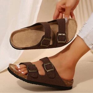 Women’s Flats Sandals–Adjustable Buckle Slip-On Comfort Slides with Cork Footbed